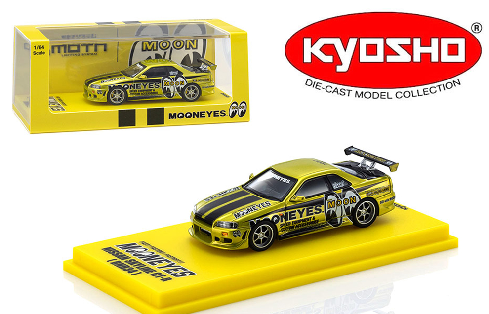 KYOSHO 1/64 NISSAN SKYLINE GT-R R34 MOONEYES LIQUID GOLD / MOTN BASE COMPATABLE / *FREE USA SHIPPING