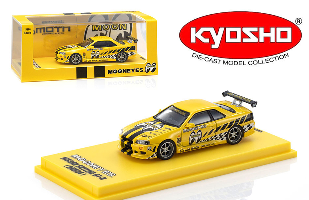 KYOSHO 1/64 NISSAN SKYLINE GT-R R34 MOONEYES BRIGHT YELLOW / MOTN BASE COMPATABLE / *FREE USA SHIPPING