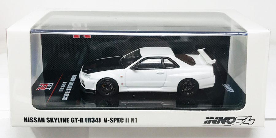 INNO64 1/64 NISSAN SKYLINE GT-R R34 V-SPEC II N1 WHITE WITH CARBON HOOD / *FREE USA SHIPPING