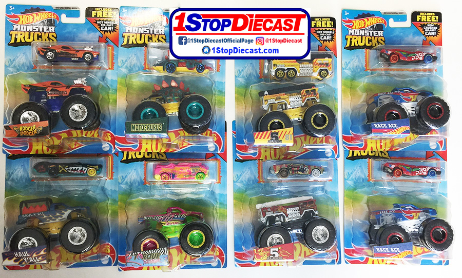 HOT WHEELS 1/64 MONSTER TRUCK AND MATCHING CAR 2-PACK RELEASE D / CASE OF 8 2-PACKS / FREE USA SHIPPING*