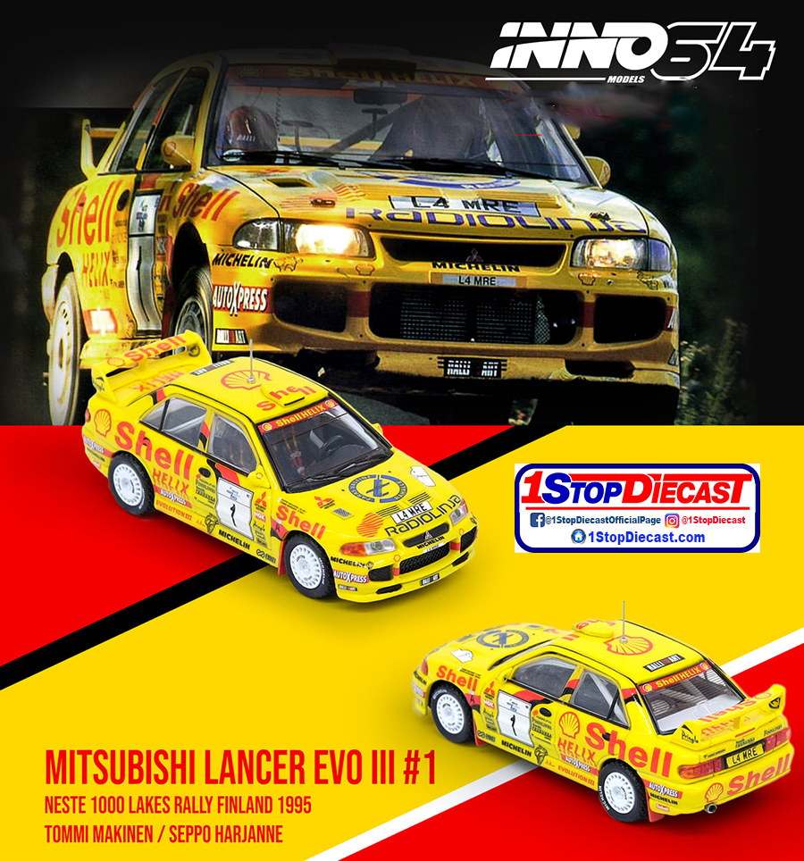INNO64 1/64 MITSUBISHI LANCER EVOLUTION III #1 NESTE 1000 Lakes Rally Finland 1995  / *FREE USA SHIPPING