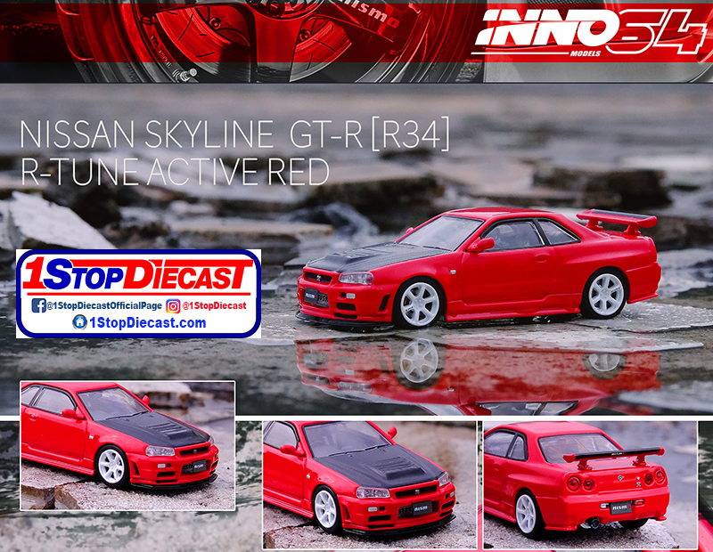 INNO64 1/64 NISSAN SKYLINE GT-R R34 R-TUNE ACTIVE RED WITH CARBON HOOD  / *FREE USA SHIPPING