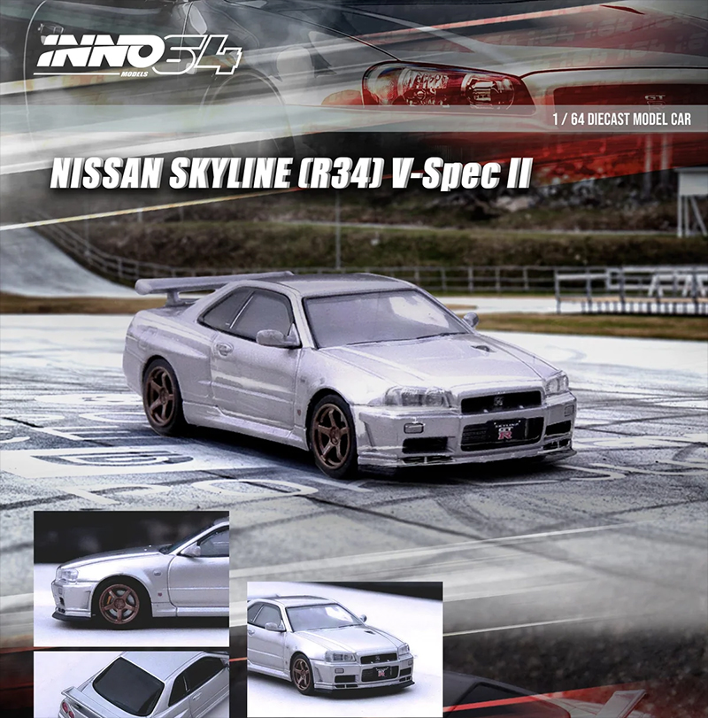 INNO64 1/64 NISSAN SKYLINE GT-R (R34) V-SPEC II SILVER / *FREE USA SHIPPING*