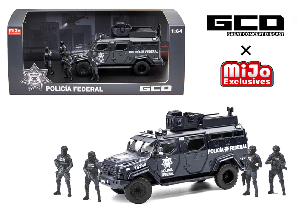 GCD 1/64 MEXICO POLICIA FEDERAL ARMOR VEHICLE 4 FIGURES - MIJO HOBBY EXCLUSIVE / FREE USA SHIPPING*