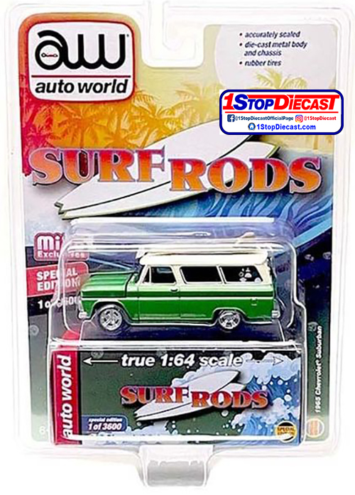 AUTOWORLD 1/64 MIJO SURF RODS 1965 SUBURBAN WITH SURF BOARDS  / MIJO EXCLUSIVE / FREE USA SHIPPING*