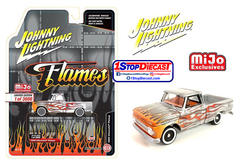 JOHNNY LIGHTNING 1/64 1966 CHEVY PICK UP SILVER WITH FLAMES  / MIJO EXCLUSIVE / FREE USA SHIPPING*