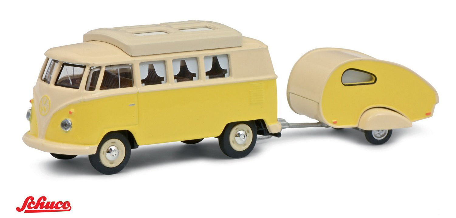 SCHUCO 1/64 VW T1 CAMPER WITH CARRAVAN YELLOW  / HOBBY EXCLUSIVE / *FREE USA SHIPPING
